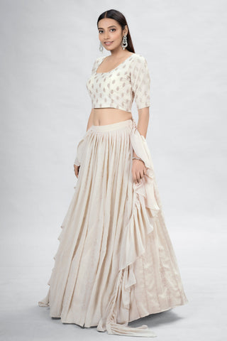 Beige Indian Georgette Lehenga Choli With Ruffle Dupatta For Indian Festival & Weddings - Sequence Embroidery Work, Clothsvilla