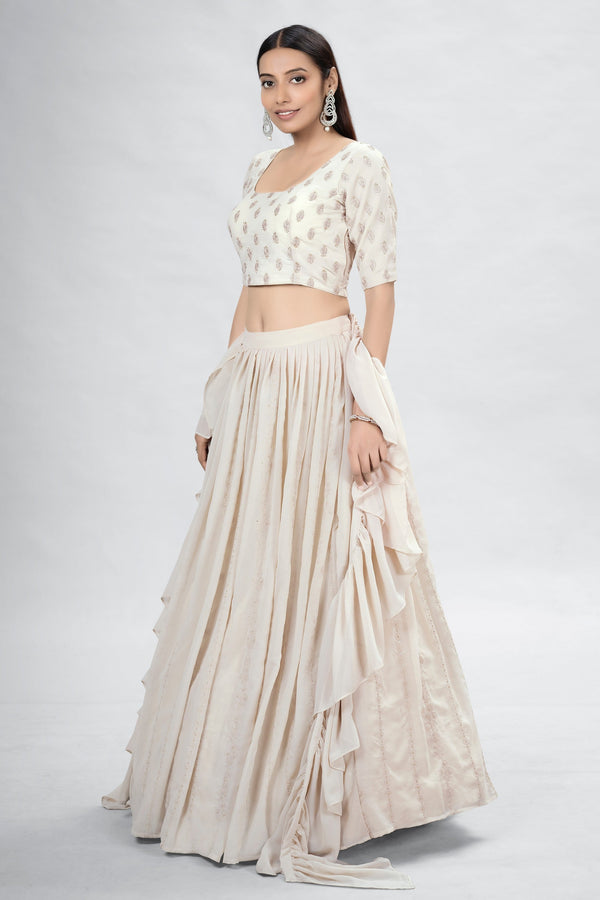 Beige Indian Georgette Lehenga Choli With Ruffle Dupatta For Indian Festival & Weddings - Sequence Embroidery Work, Clothsvilla