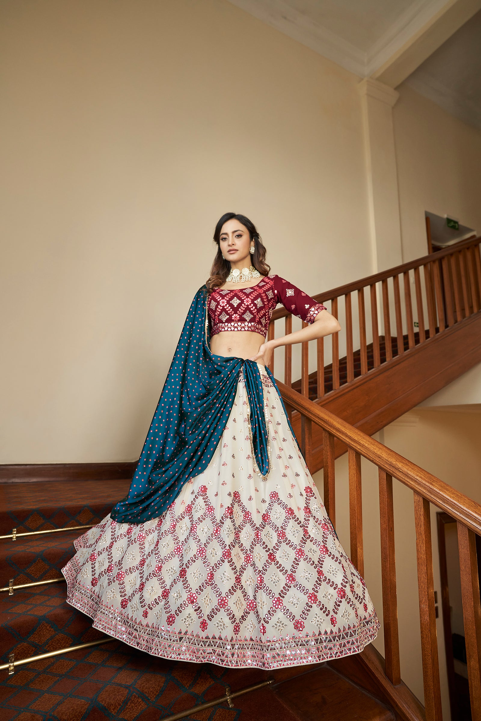 Beige & Maroon Gota With Thread And Sequins Embroidered Georgette Lehenga Choli With Gajji-Silk Teal Blue Dupatta ClothsVilla