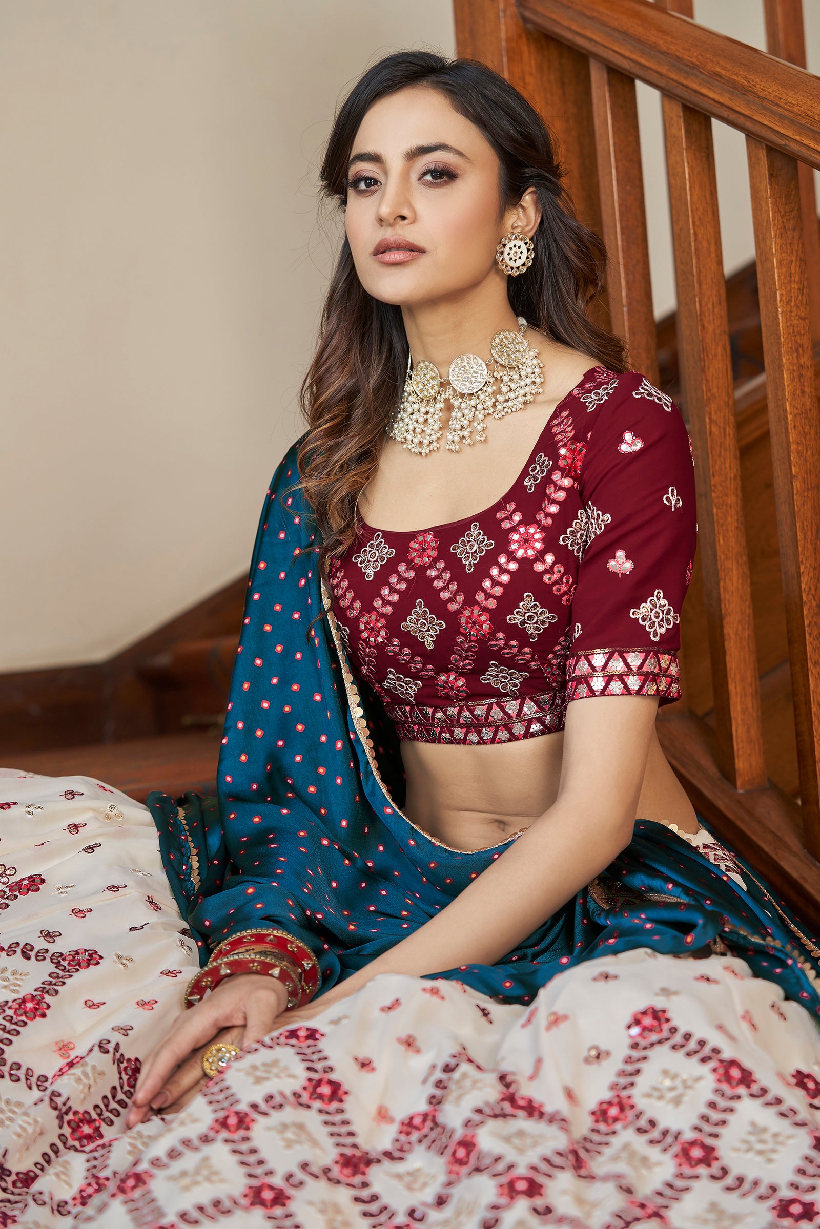 Beige & Maroon Gota With Thread And Sequins Embroidered Georgette Lehenga Choli With Gajji-Silk Teal Blue Dupatta ClothsVilla