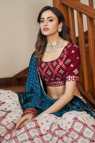 Beige & Maroon Gota With Thread And Sequins Embroidered Georgette Lehenga Choli With Gajji-Silk Teal Blue Dupatta ClothsVilla