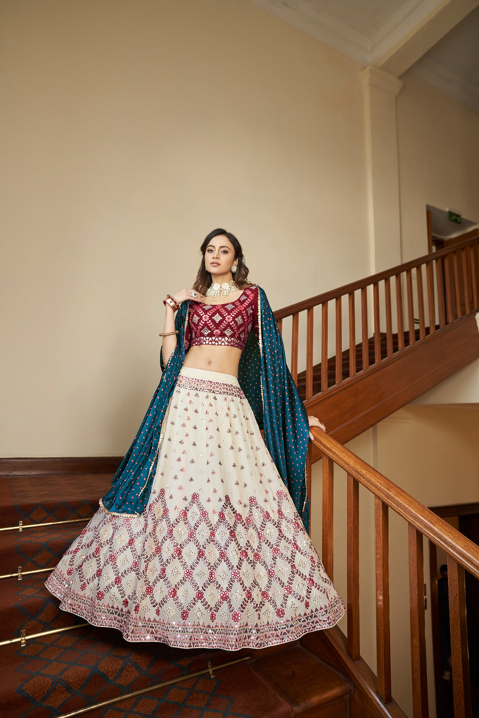 Beige & Maroon Gota With Thread And Sequins Embroidered Georgette Lehenga Choli With Gajji-Silk Teal Blue Dupatta ClothsVilla