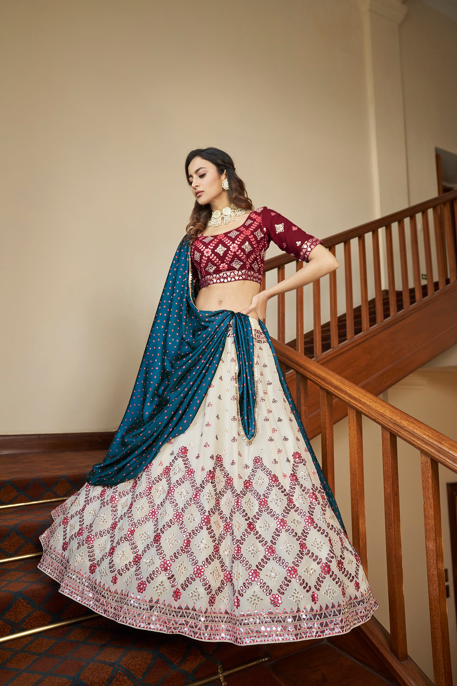 Beige & Maroon Gota With Thread And Sequins Embroidered Georgette Lehenga Choli With Gajji-Silk Teal Blue Dupatta ClothsVilla