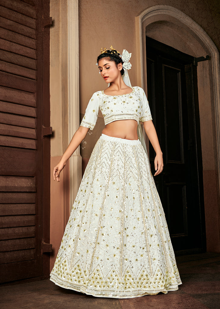 Bewitching Pearl-White Sequins Embroidered Georgette Wedding Lehenga ClothsVilla