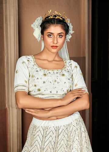 Bewitching Pearl-White Sequins Embroidered Georgette Wedding Lehenga ClothsVilla