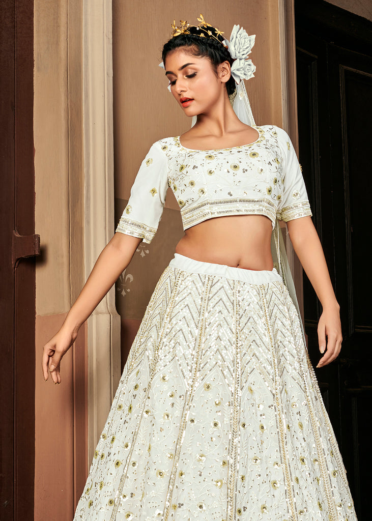 Bewitching Pearl-White Sequins Embroidered Georgette Wedding Lehenga ClothsVilla