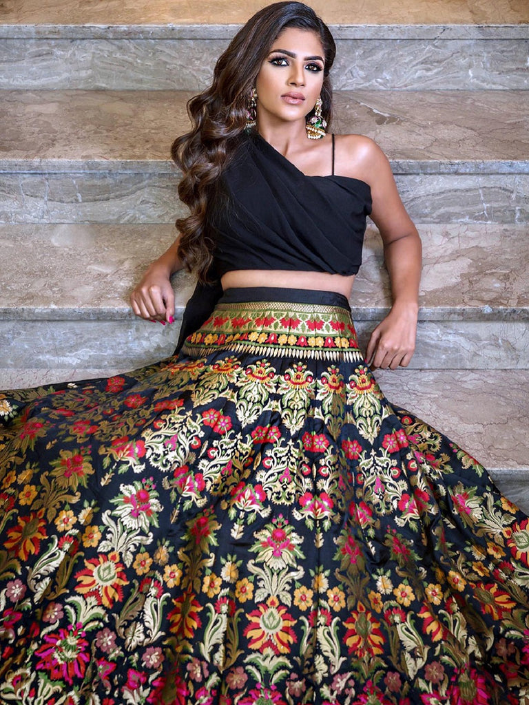 Black Color Weaving Zari Work Banarasi Silk Co-ord Set Lehenga With Georgette Choli Clothsvilla
