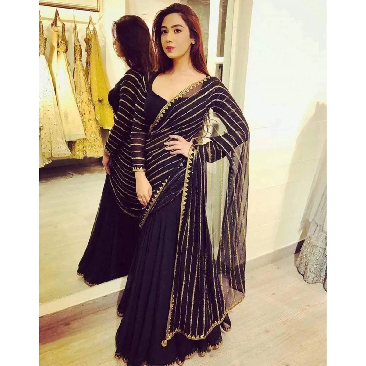 Black Color Designer Georgette Saree with Sequence Work for Women ClothsVilla