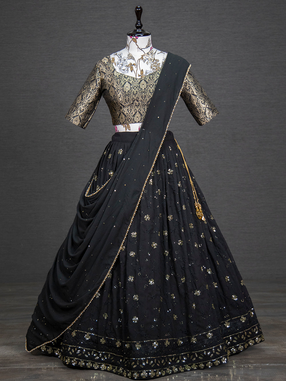 Black Color Sequins And Thread Embroidery Work Georgette Lehenga Choli Set Clothsvilla