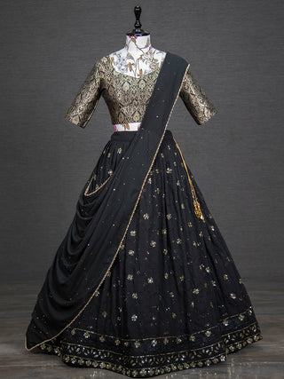 Black Color Sequins And Thread Embroidery Work Georgette Lehenga Choli Set Clothsvilla