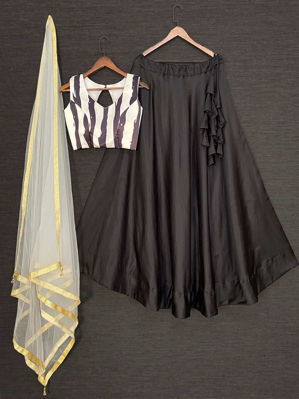 Black Color Simple Taffeta Satin Silk Lehenga Choli With Soft Net Dupatta Clothsvilla