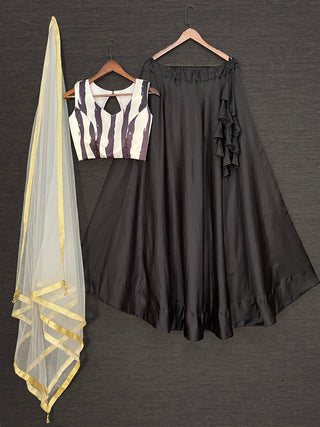 Black Color Simple Taffeta Satin Silk Lehenga Choli With Soft Net Dupatta Clothsvilla