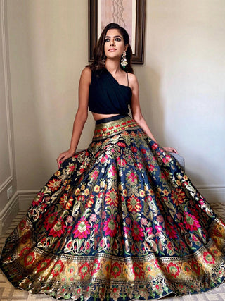 Black Color Weaving Zari Work Banarasi Silk Co-ord Set Lehenga With Georgette Choli Clothsvilla