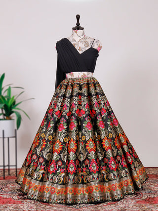 Black Color Weaving Zari Work Banarasi Silk Co-ord Set Lehenga With Georgette Choli Clothsvilla