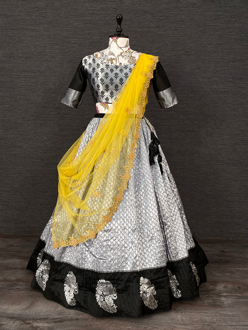 Black Color Weaving Zari Work Jacquard Silk Lehenga Choli With Net Dupatta Clothsvilla