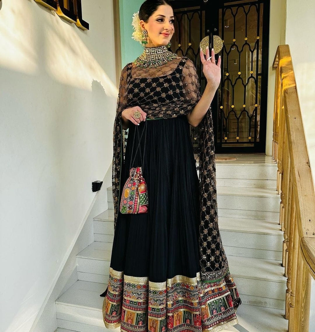 Black Anarkali Gown In Georgette With Embroidery Work Clothsvilla