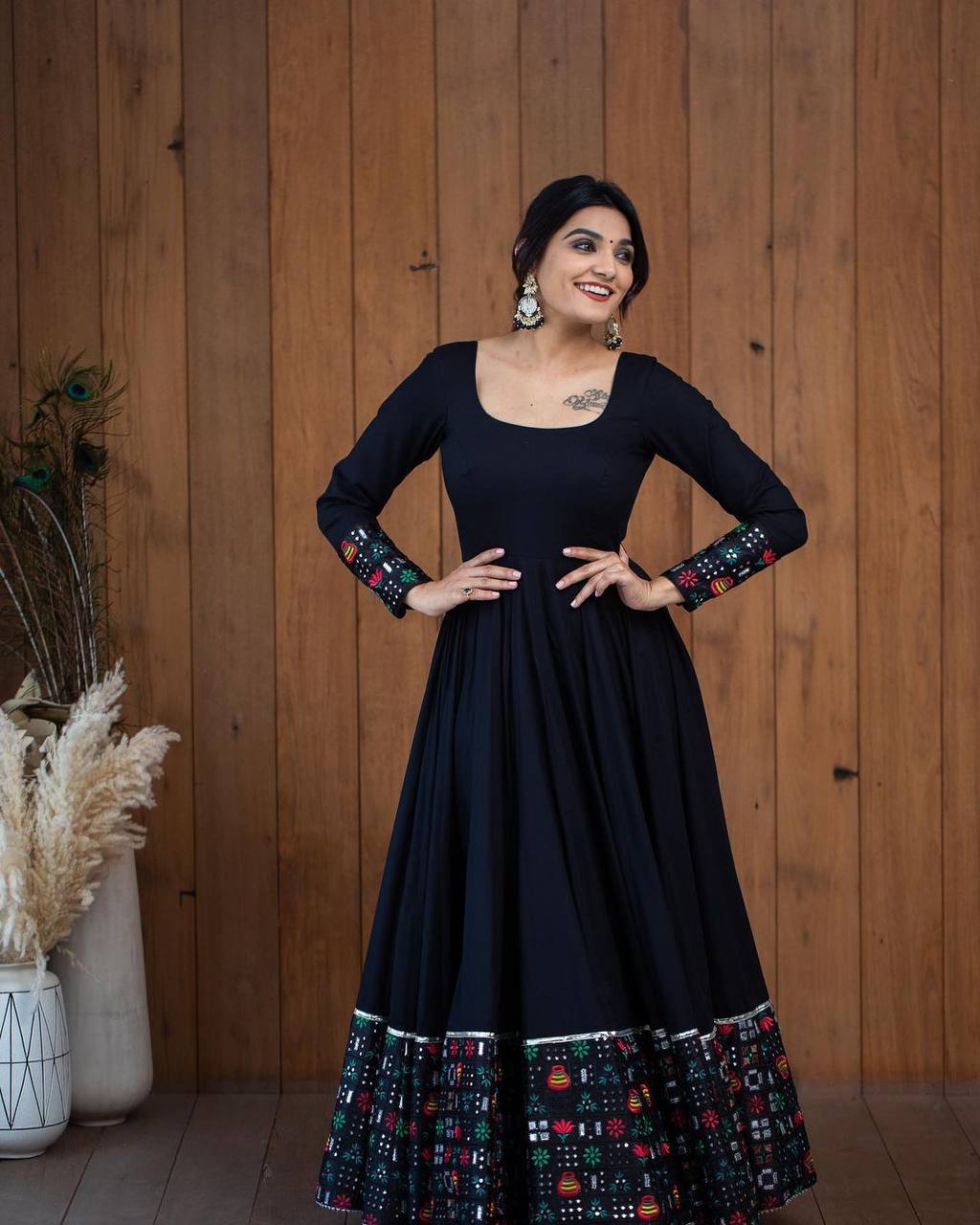 Black Anarkali Gown in Faux Georgette with Embroidery Cloths