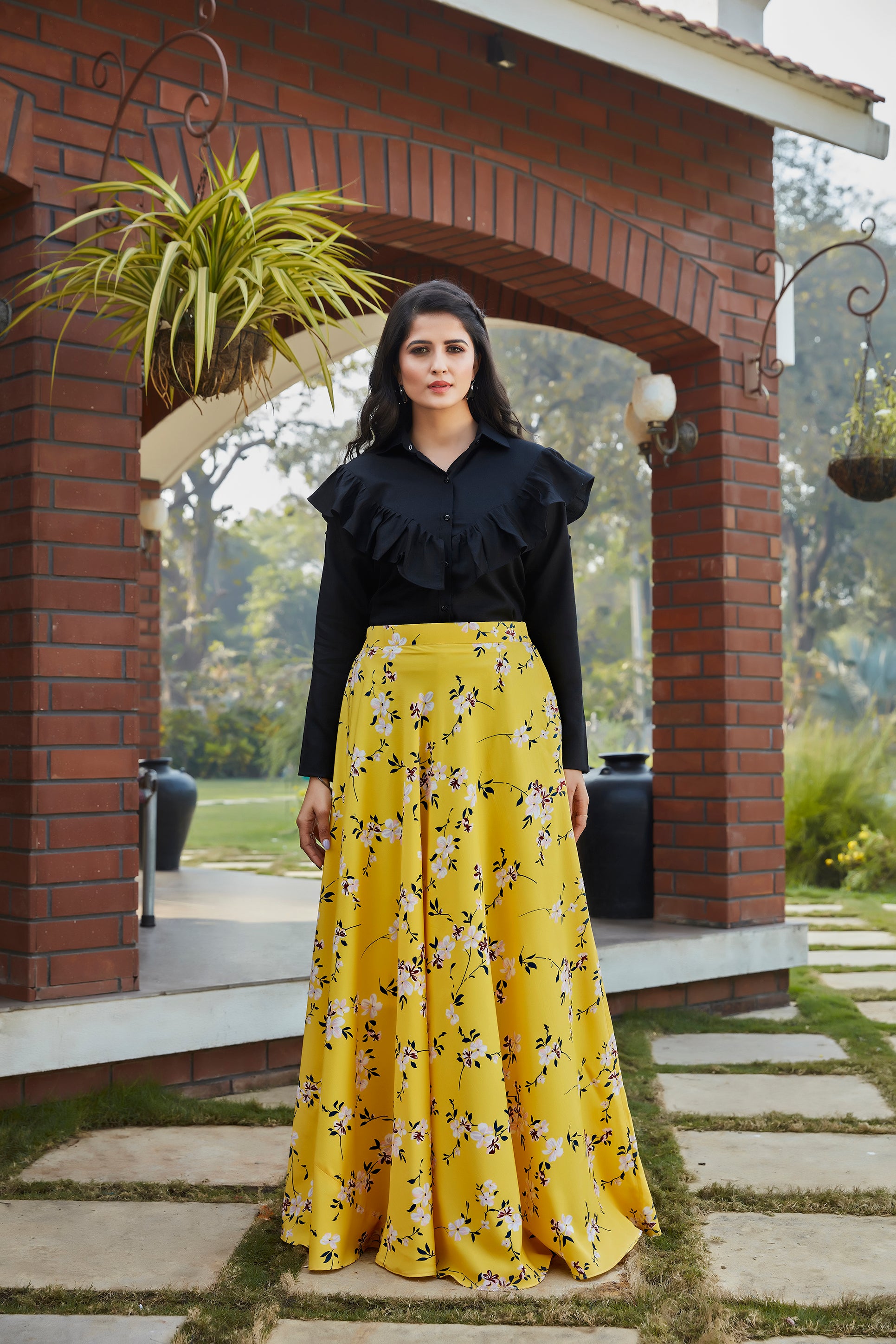 Black Cotton Fancy Shirt Style Top With Floral Printed Skirt ClothsVilla Main image