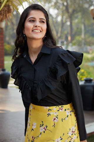 Black Cotton Fancy Shirt Style Top With Floral Printed Skirt ClothsVilla