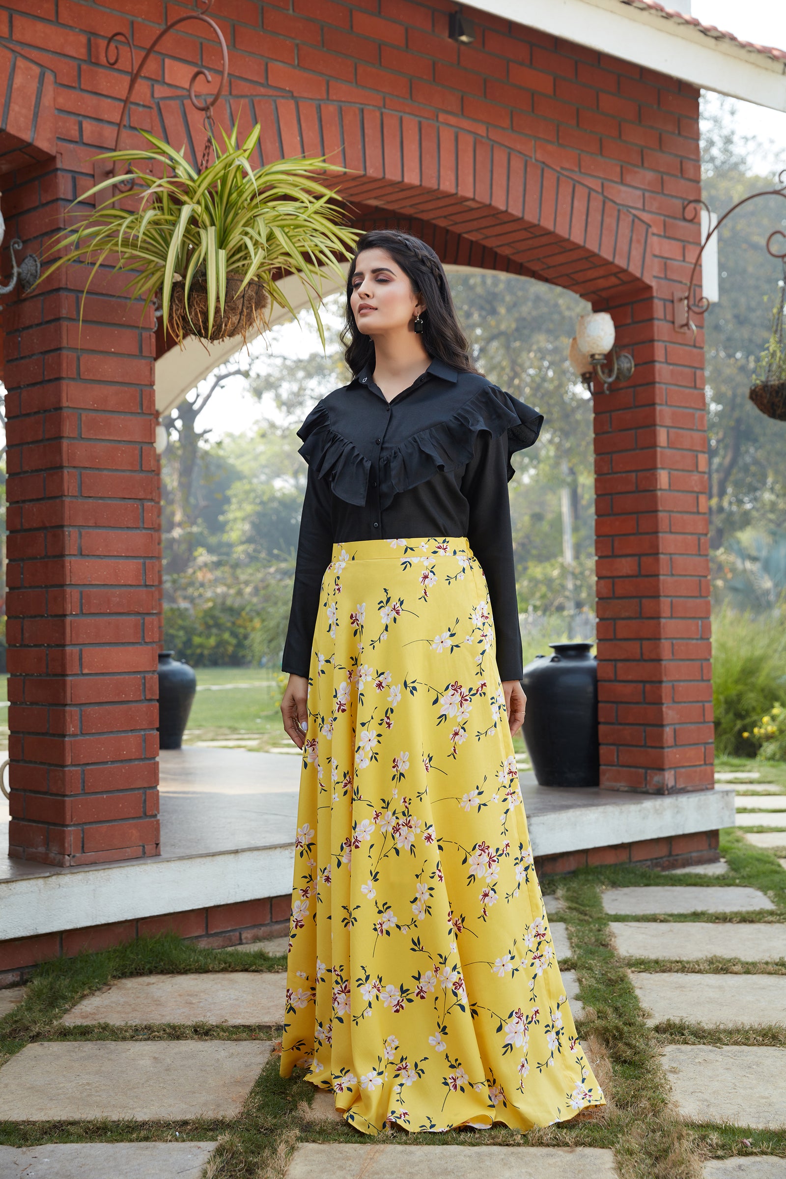 Black Cotton Fancy Shirt Style Top With Floral Printed Skirt ClothsVilla