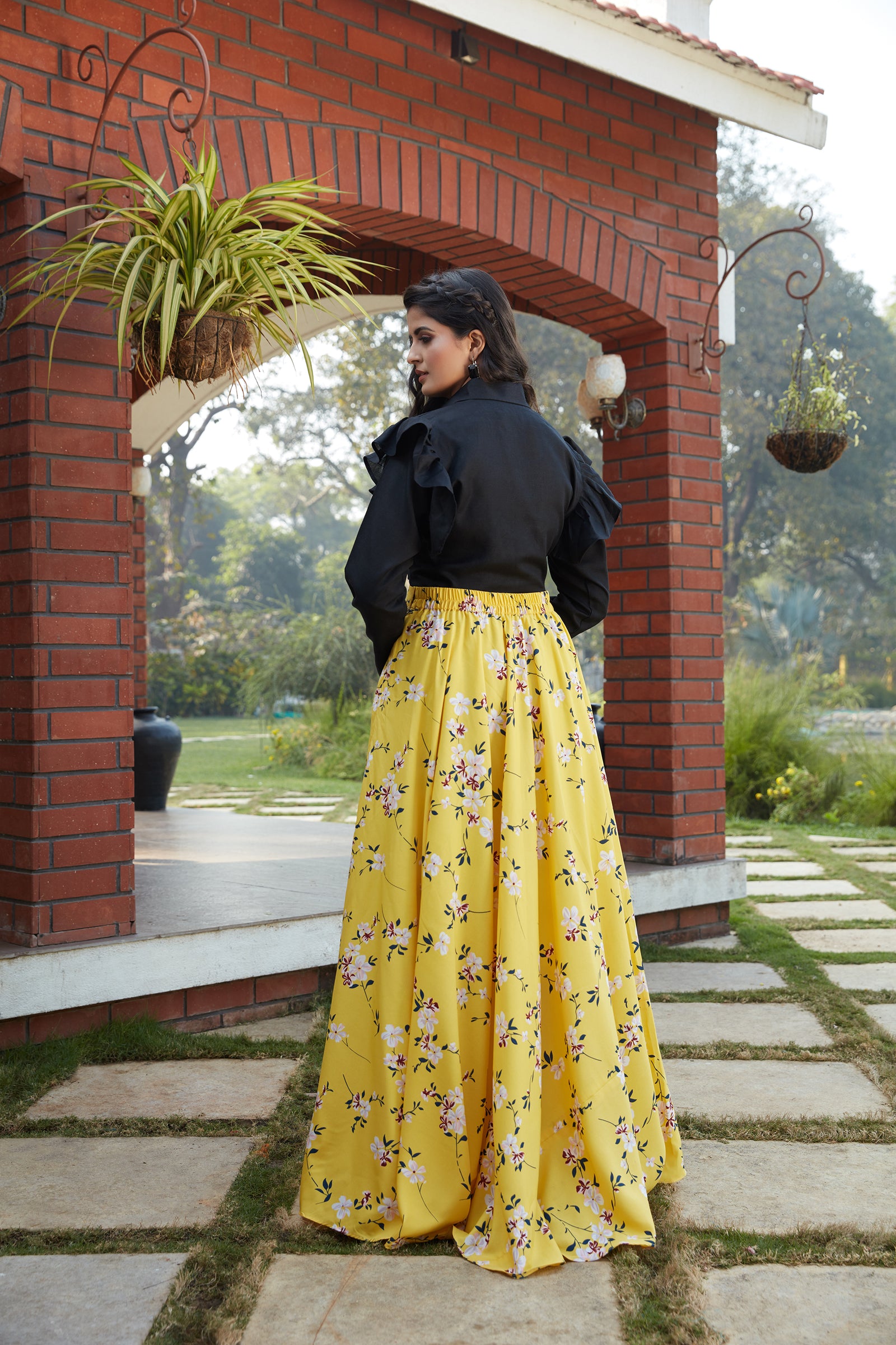 Black Cotton Fancy Shirt Style Top With Floral Printed Skirt ClothsVilla