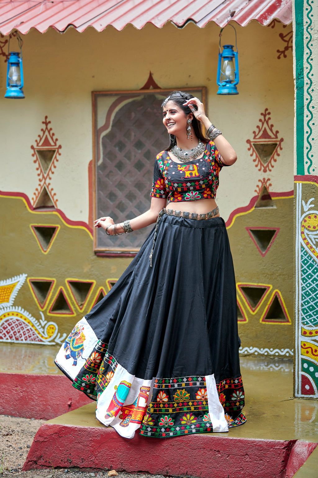 Black Embroidered Cotton Indian Traditional Festival Dandiya Raas Garba Semi Stitched Navratri Lehenga ClothsVilla