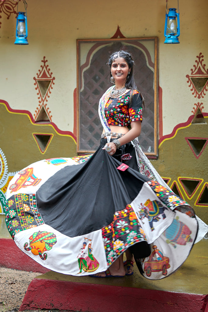 Black Embroidered Cotton Indian Traditional Festival Dandiya Raas Garba Semi Stitched Navratri Lehenga ClothsVilla