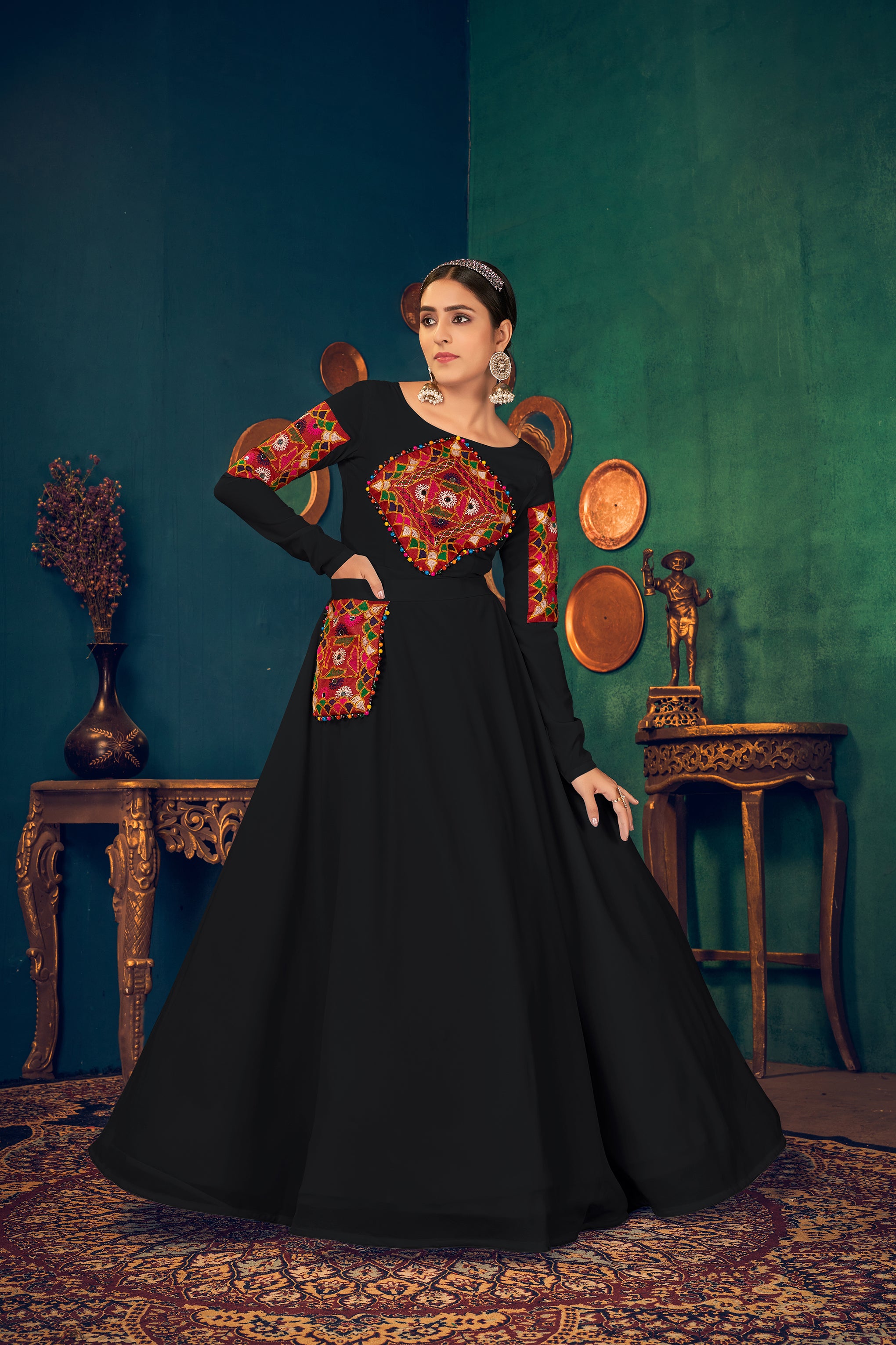 Black Embroidered Georgette Evening Long Gown Semi Stitched ClothsVilla Main image