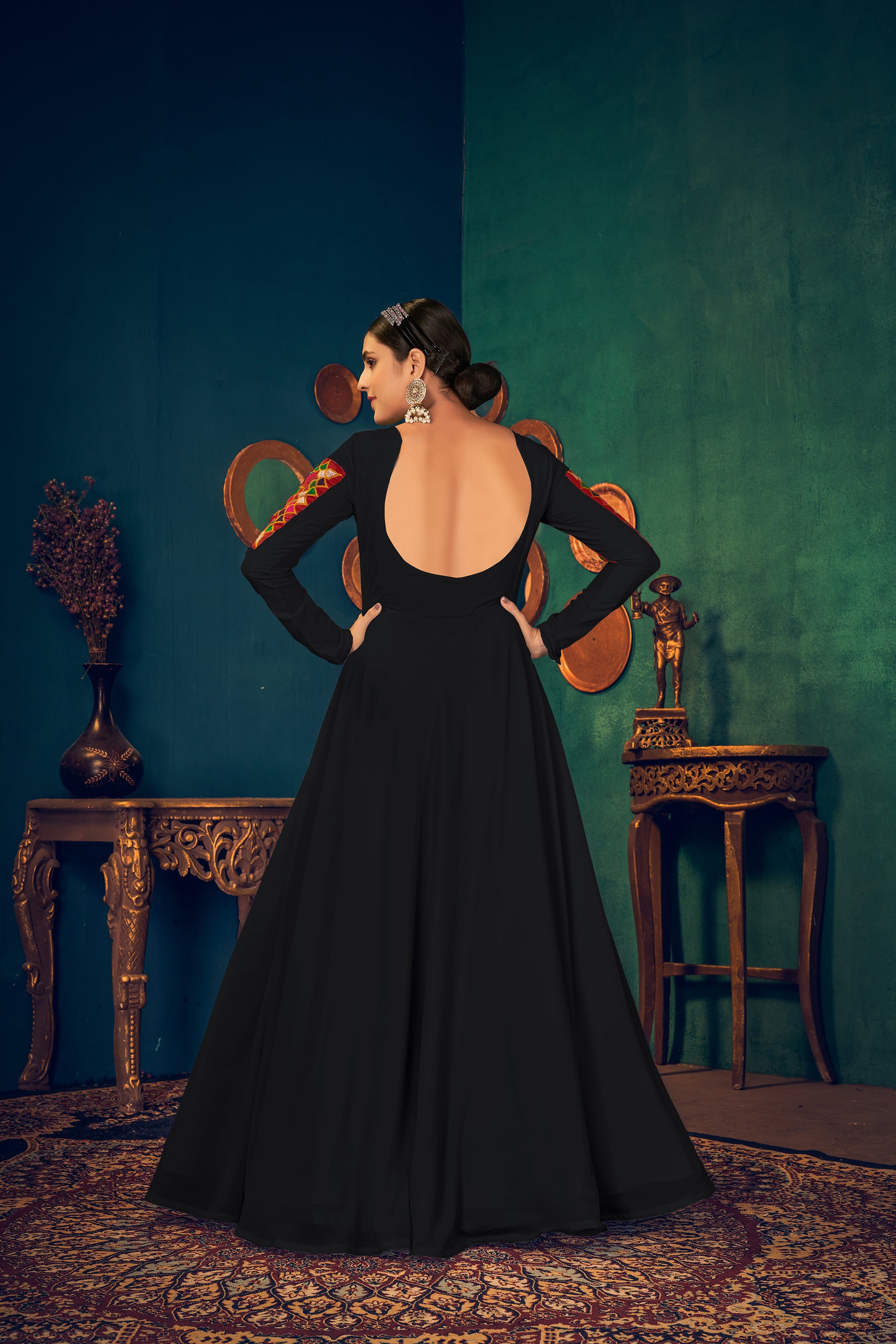 Black Embroidered Georgette Evening Long Gown Semi Stitched ClothsVilla