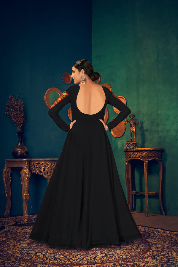 Black Embroidered Georgette Evening Long Gown Semi Stitched ClothsVilla