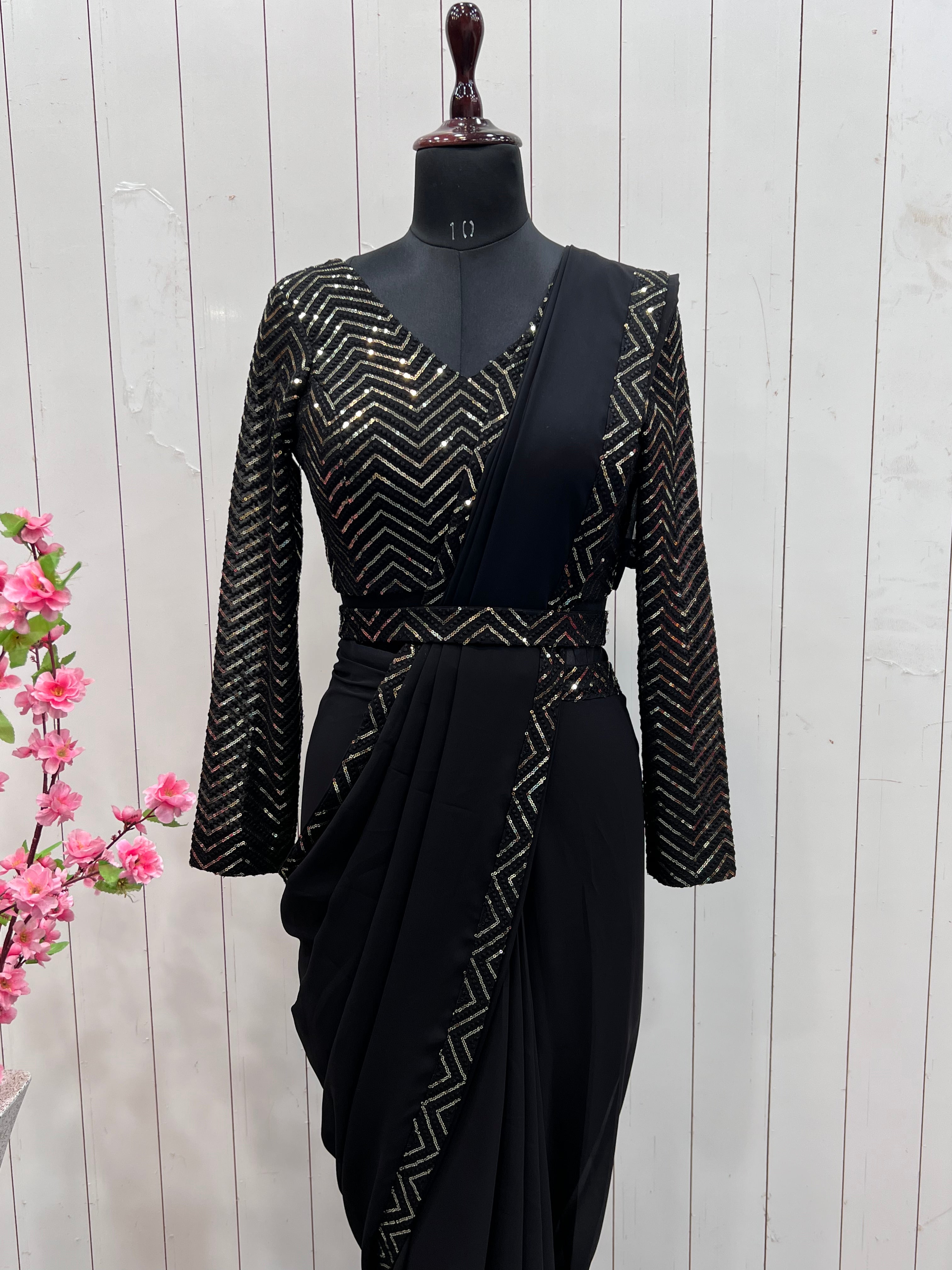 Black Faux Georgette Border Lace Work Saree With Stitched Blouse Secondary image