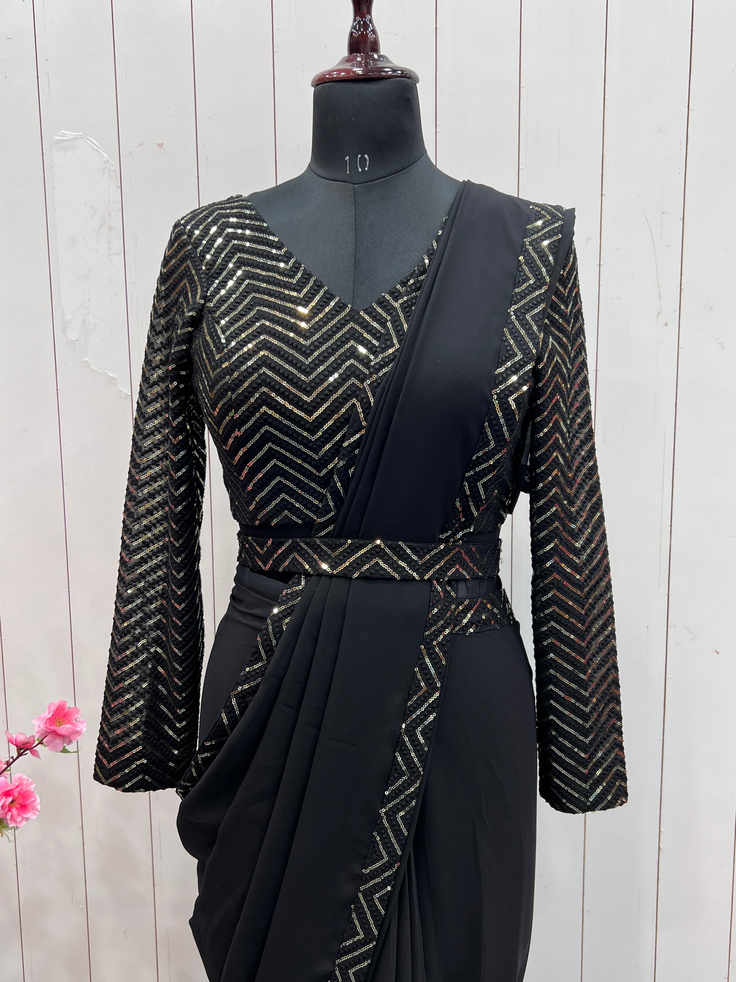 Black Faux Georgette Border Lace Work Saree With Stitched Blouse ClothsVilla
