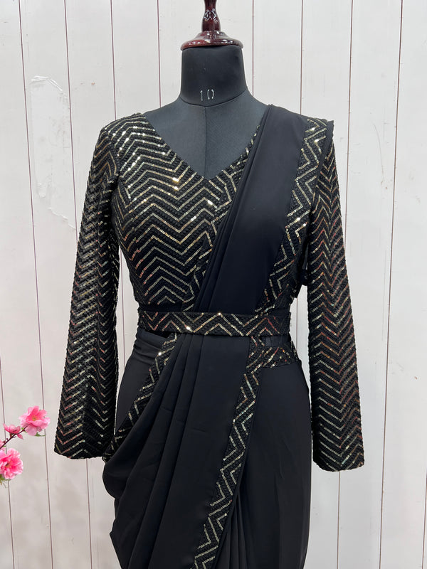 Black Faux Georgette Border Lace Work Saree With Stitched Blouse ClothsVilla