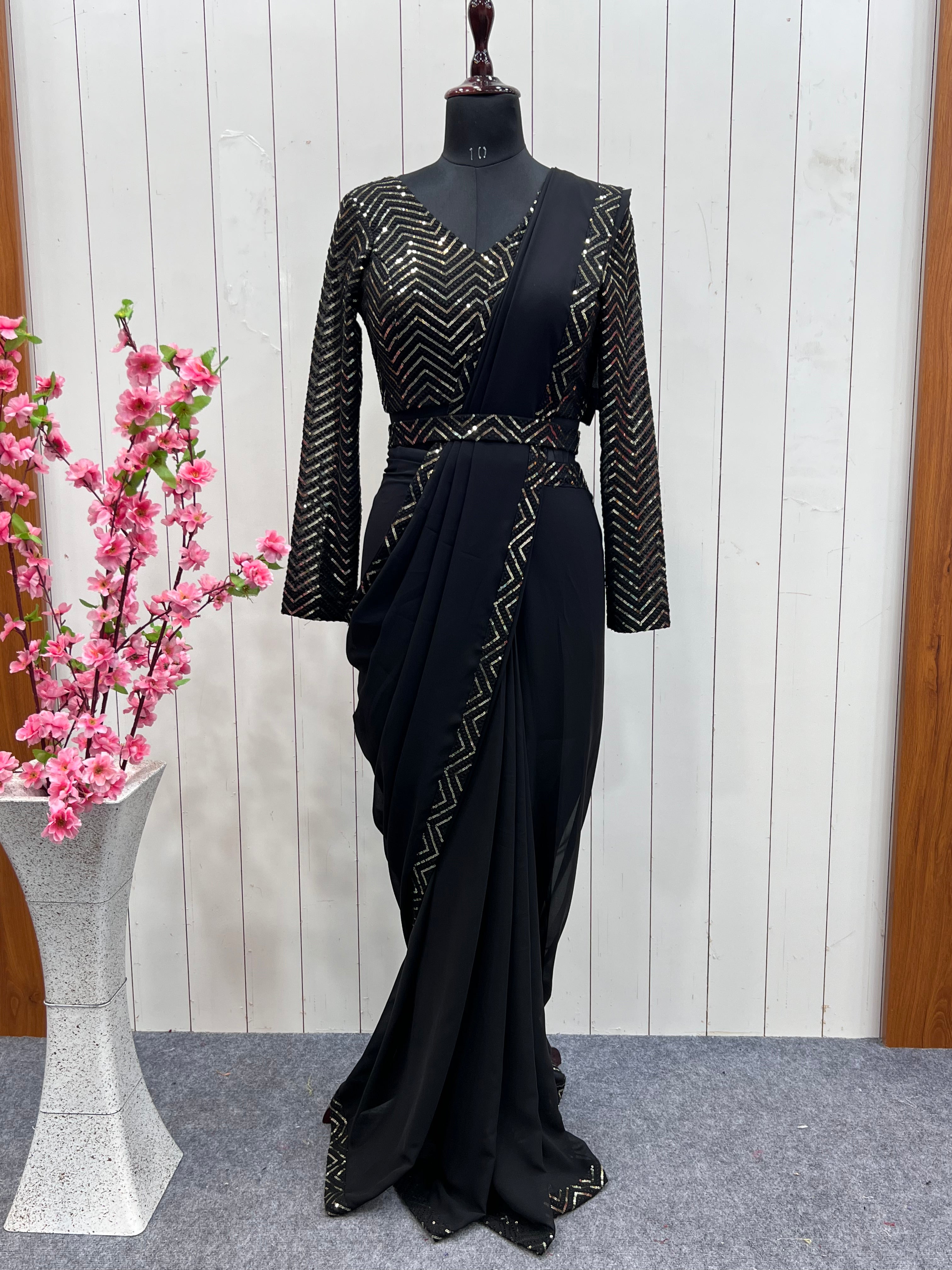 Black Faux Georgette Border Lace Work Saree With Stitched Blouse ClothsVilla Main image