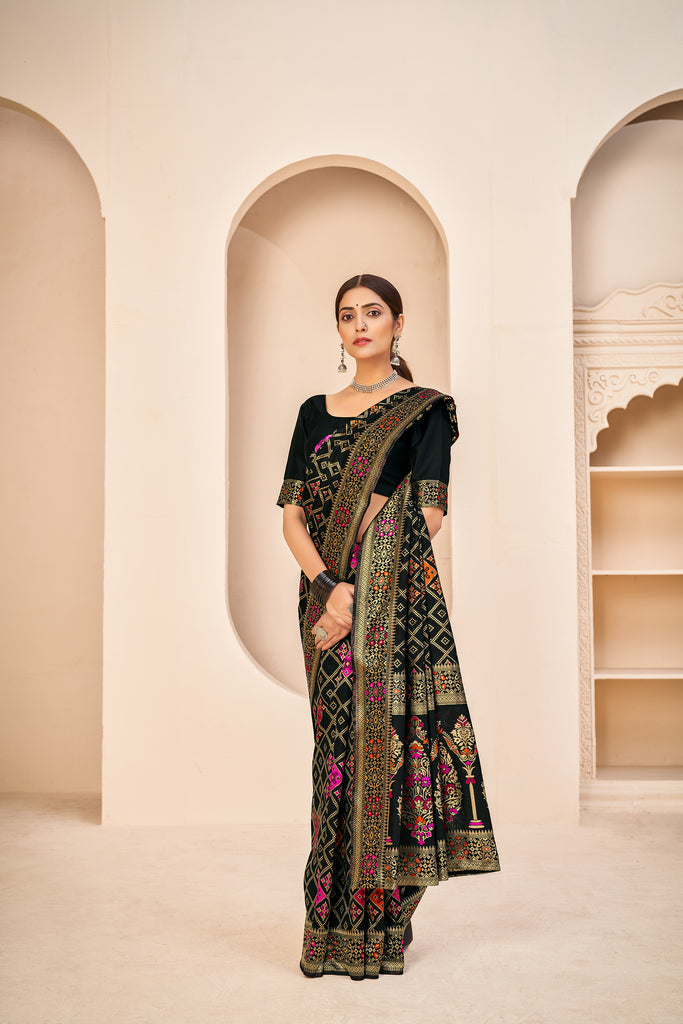Black Festive Wear Banarasi With Patola Woven Banarasi Silk Saree ClothsVilla