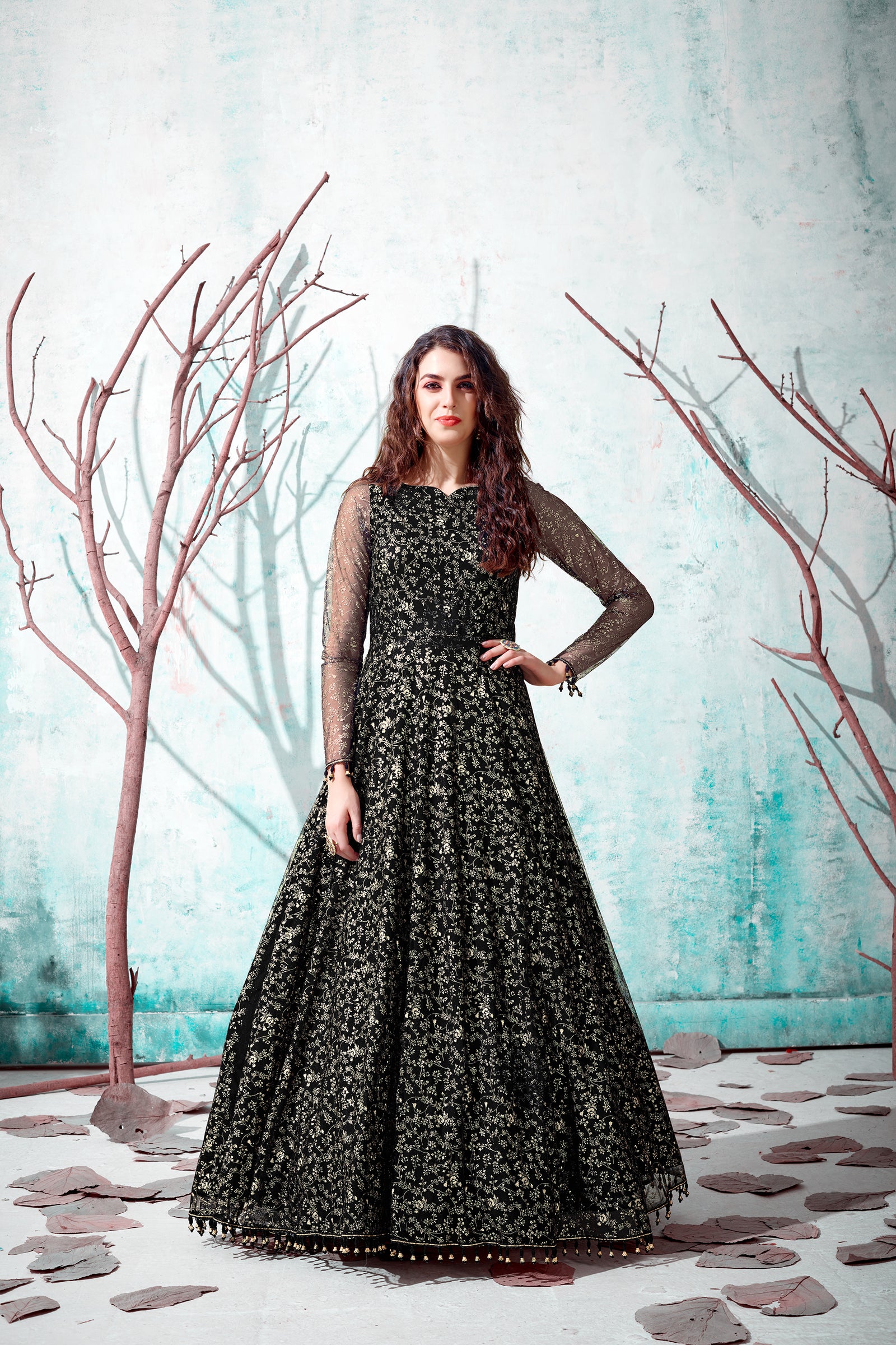 Black Foil Work Net Party Wear Long Gown ClothsVilla