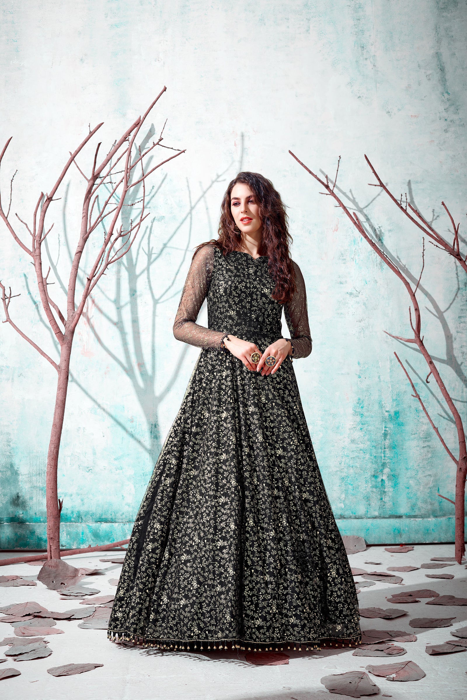 Black Foil Work Net Party Wear Long Gown ClothsVilla