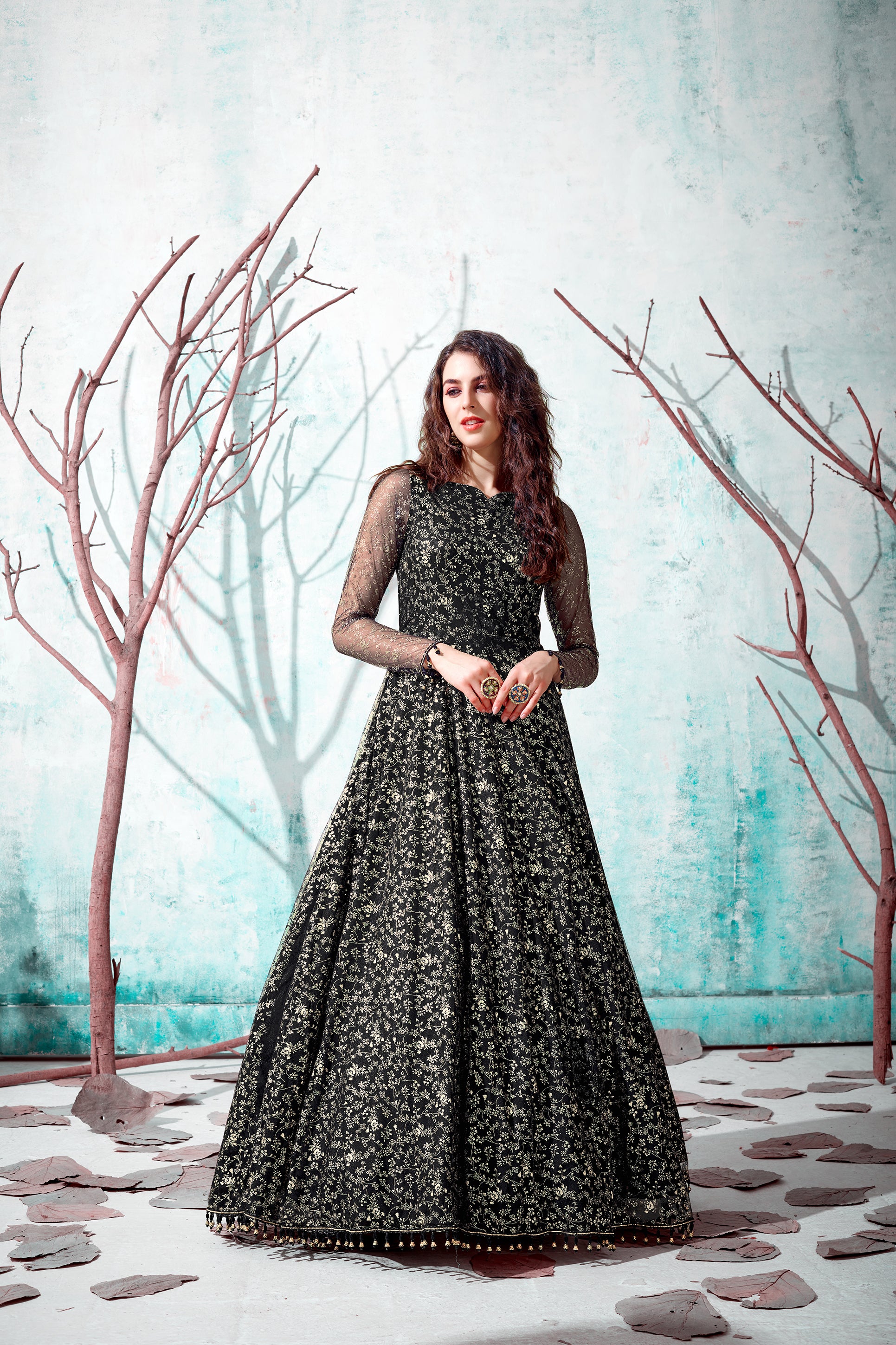 Black Foil Work Net Party Wear Long Gown ClothsVilla