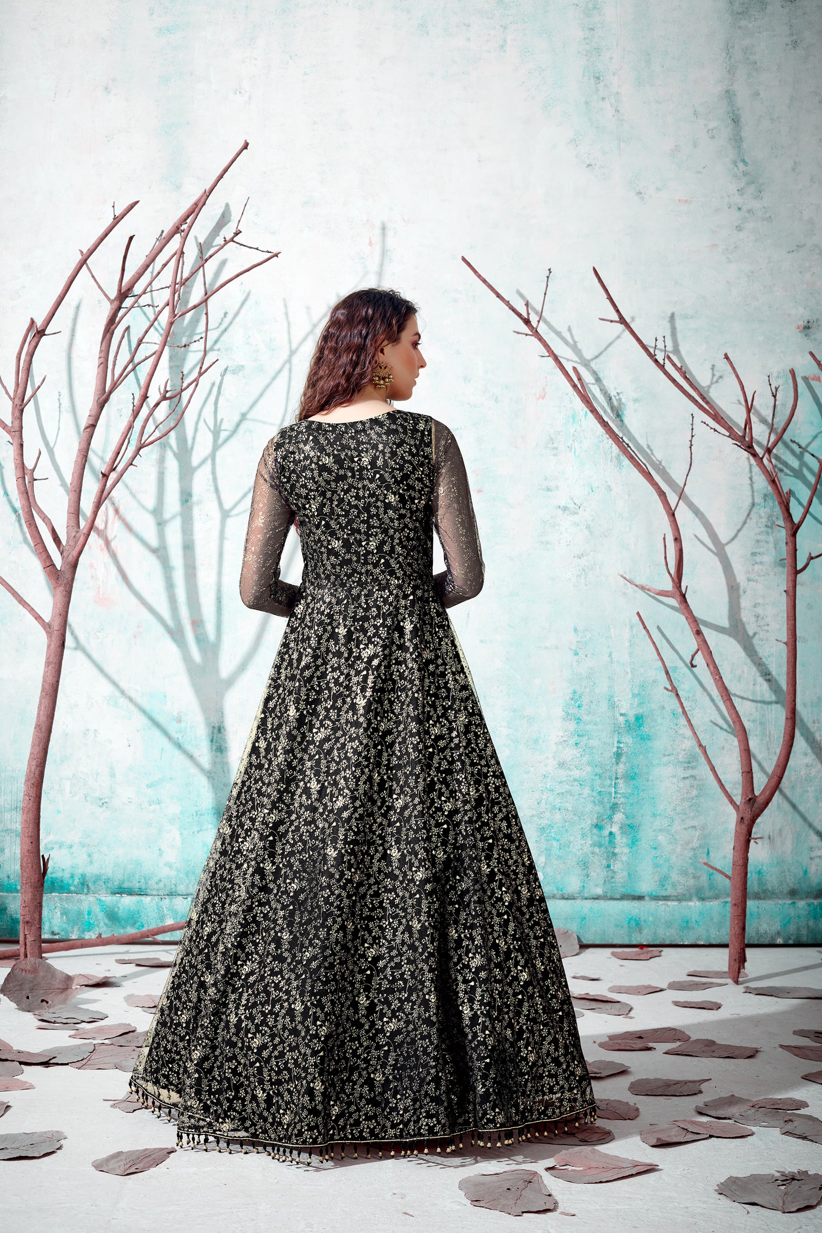 Black Foil Work Net Party Wear Long Gown ClothsVilla