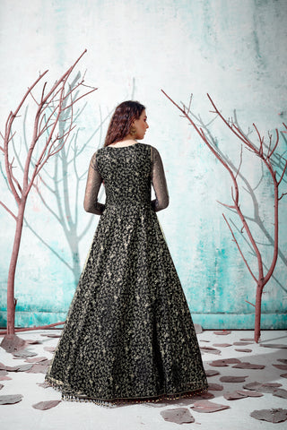 Black Foil Work Net Party Wear Long Gown ClothsVilla