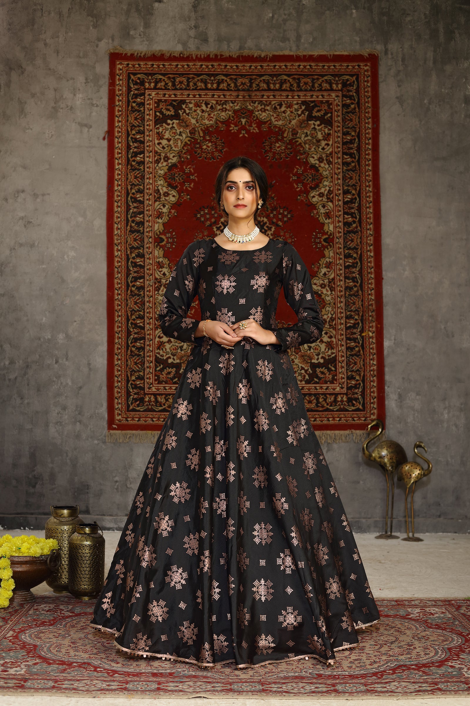 Black Foilage Print Taffeta Silk Party Wear Gown Semi Stitched ClothsVilla