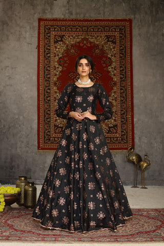 Black Foilage Print Taffeta Silk Party Wear Gown Semi Stitched ClothsVilla