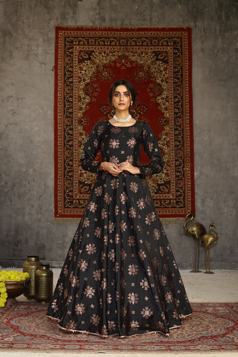 Black Foilage Print Taffeta Silk Party Wear Gown Semi Stitched ClothsVilla Main image