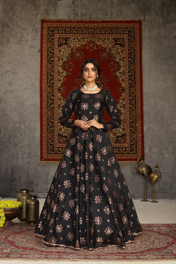 Black Foilage Print Taffeta Silk Party Wear Gown Semi Stitched ClothsVilla