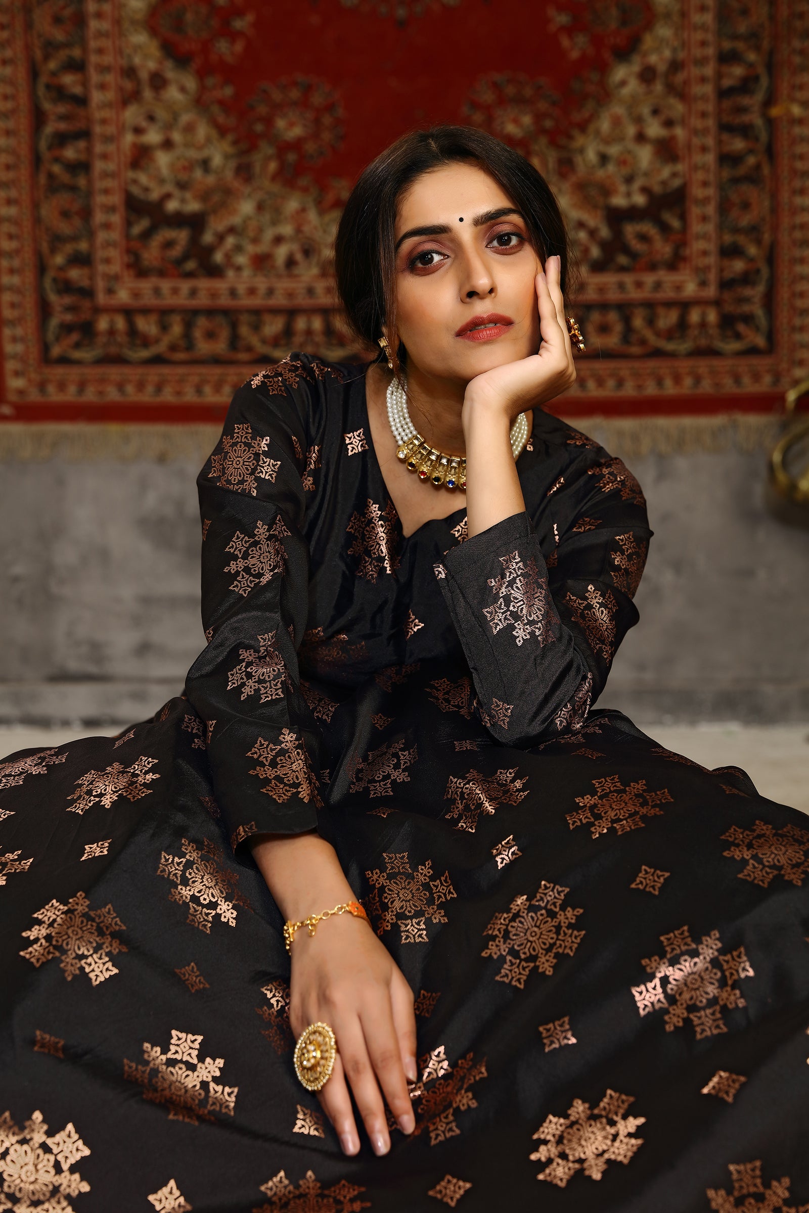 Black Foilage Print Taffeta Silk Party Wear Gown Semi Stitched ClothsVilla