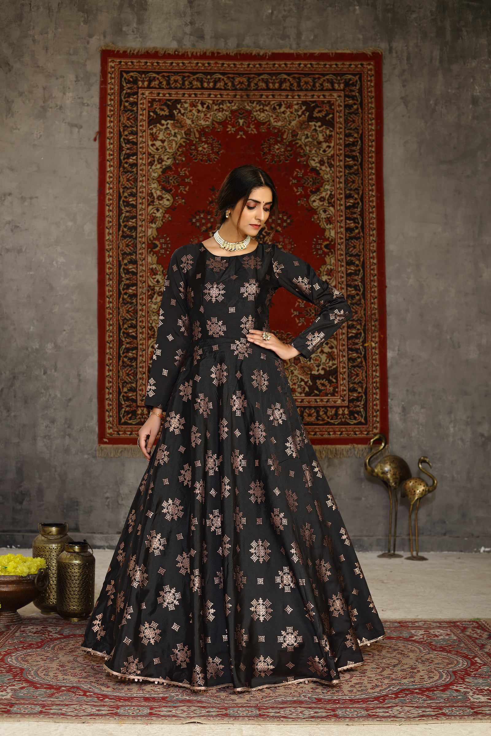 Black Foilage Print Taffeta Silk Party Wear Gown Semi Stitched ClothsVilla