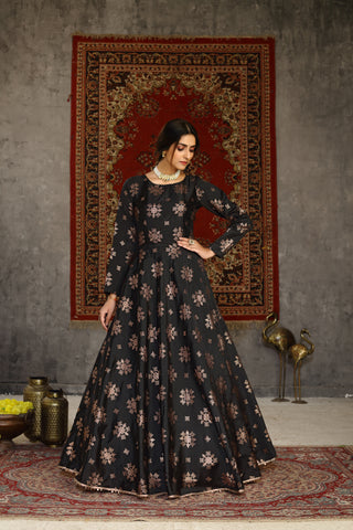 Black Foilage Print Taffeta Silk Party Wear Gown Semi Stitched ClothsVilla