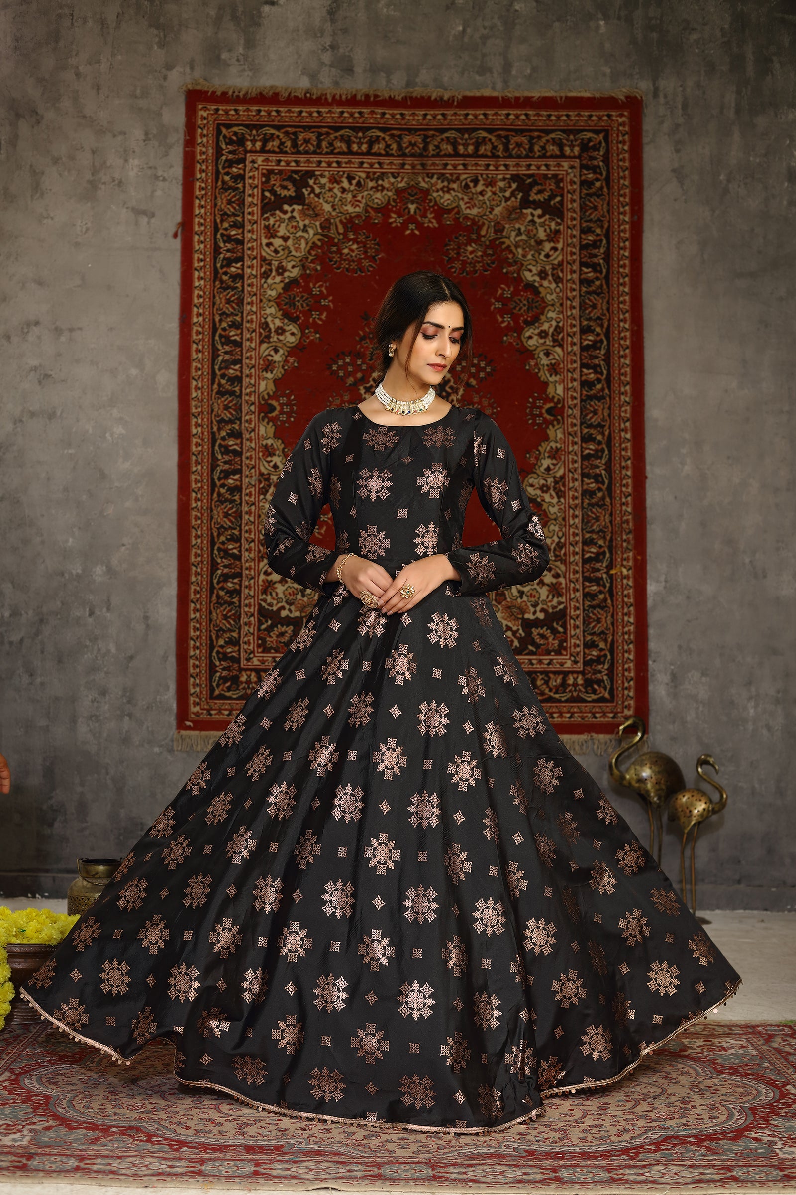 Black Foilage Print Taffeta Silk Party Wear Gown Semi Stitched ClothsVilla