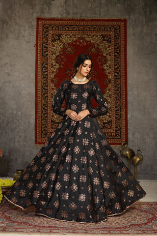 Black Foilage Print Taffeta Silk Party Wear Gown Semi Stitched ClothsVilla