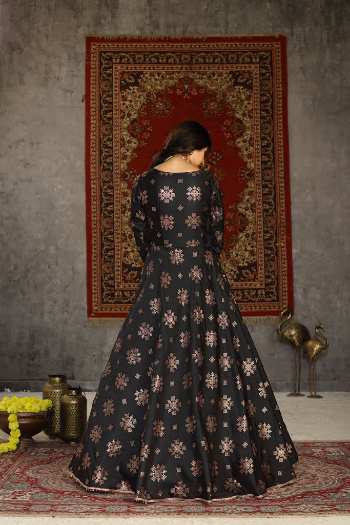 Black Foilage Print Taffeta Silk Party Wear Gown Semi Stitched ClothsVilla